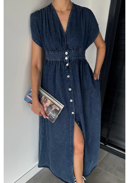 Kadın Boydan Düğmeli Sıfır Kol Jean Kot Elbise P-00018904 modelleri