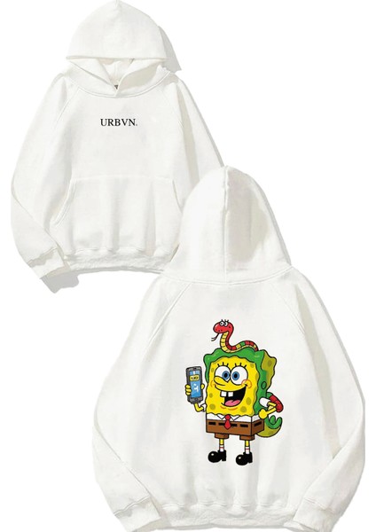 Sünger Snake Tasarım Baskılı Oversize Beyaz Kapüşonlu Sweatshirt