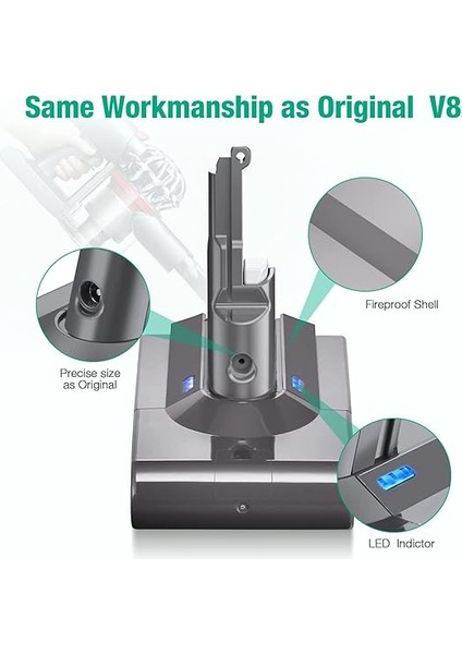 Dyson V8 SV10 Ile Uyumlu Süpürge Bataryası 4000 Mah Yüksek Kapasite, Yüksek Performans Uzun Kullanım Li-Ion Muadil Batarya SV10, Absolute, Absolute Cord-Free, Animal, Animal indirimleri