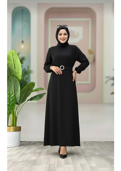 Kemer Detaylı Lastik Kollu Uzun Tesettür Elbise