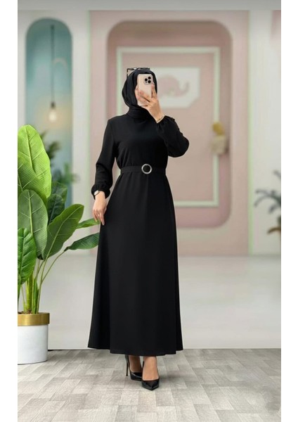 Kemer Detaylı Lastik Kollu Uzun Tesettür Elbise modelleri