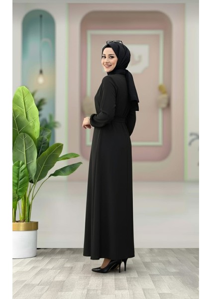 Kemer Detaylı Lastik Kollu Uzun Tesettür Elbise indirimleri