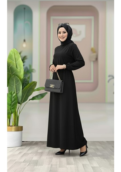 Kemer Detaylı Lastik Kollu Uzun Tesettür Elbise