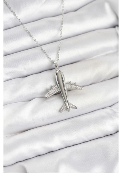 316L Çelik Zincir Gümüş Renk Uçak Model Kadın Kolye