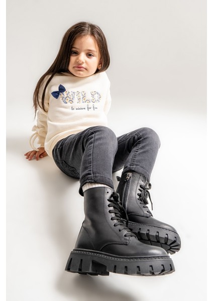 Kız Çocuk Siyah Hakiki Deri Suya Dayanıklı Postal