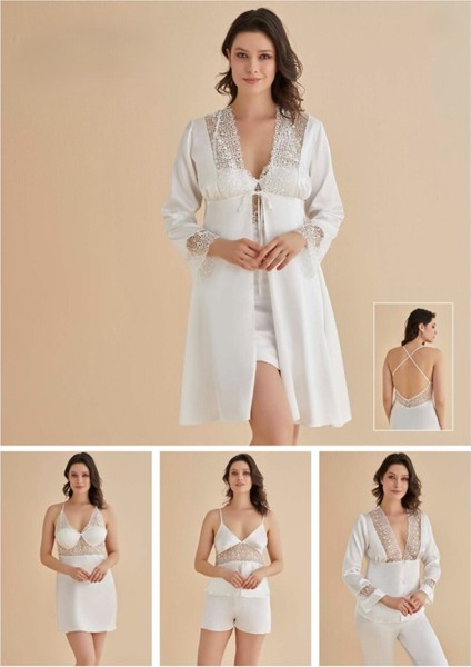 Kadın Ekru Saten Gecelik&sabahlık&pijama Takımı&şort Takımı 6'lı Kutulu Çeyiz Seti W8A.KL6.SK.S6A.0