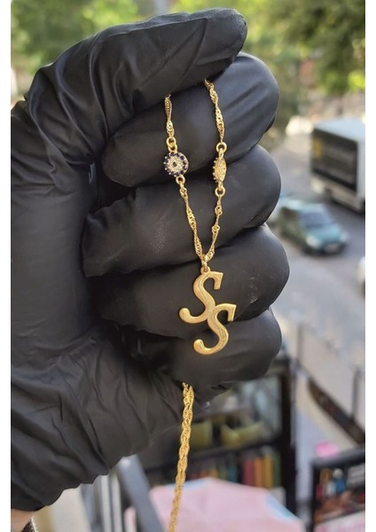 925 Ayar Gümüş 24 Ayar Altın Kaplama 2 Nazar Boncuklu Harf Kolye