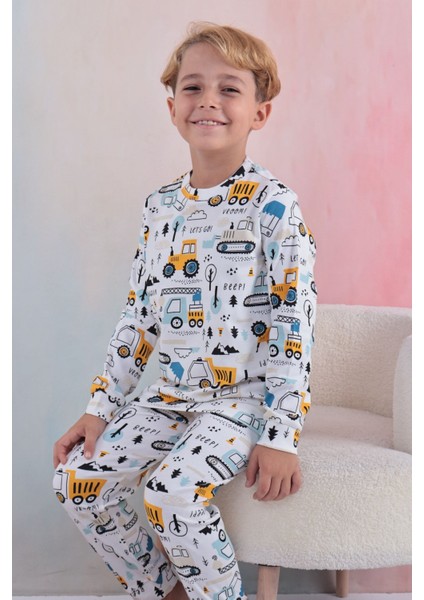 109 Erkek Çocuk Uzun Kollu Bisiklet Yaka Pijama Takım-Beyaz