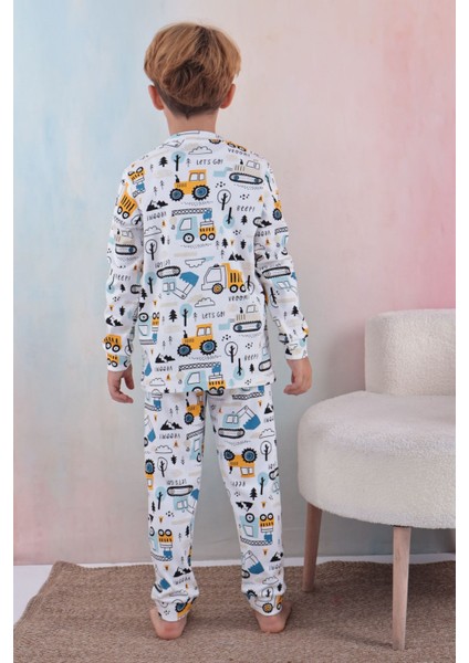 109 Erkek Çocuk Uzun Kollu Bisiklet Yaka Pijama Takım-Beyaz