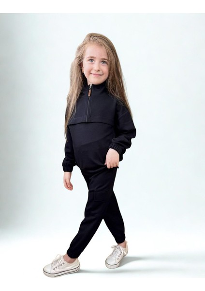 Fermuarlı Kargo Cepli Kız Çocuk Takım Siyah