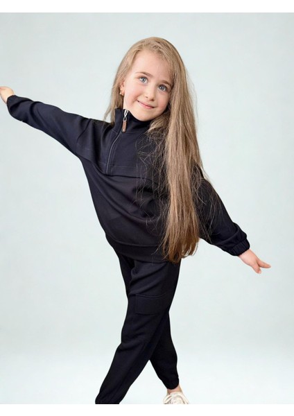 Fermuarlı Kargo Cepli Kız Çocuk Takım Siyah modelleri