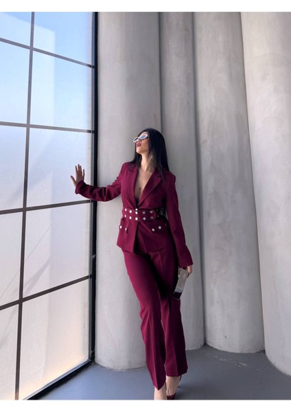 Kadın Zımba Kemer Detaylı Çıtçıtlı Cekete Palazzo Pantolon Şık Takım Elbise modelleri