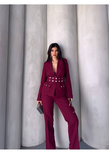 Kadın Zımba Kemer Detaylı Çıtçıtlı Cekete Palazzo Pantolon Şık Takım Elbise