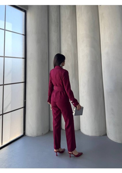 Kadın Zımba Kemer Detaylı Çıtçıtlı Cekete Palazzo Pantolon Şık Takım Elbise