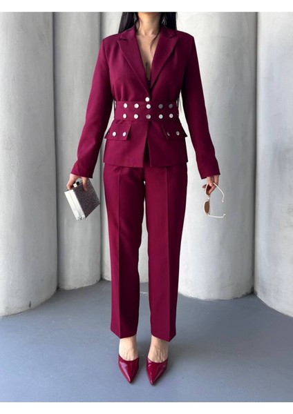 Kadın Zımba Kemer Detaylı Çıtçıtlı Cekete Palazzo Pantolon Şık Takım Elbise