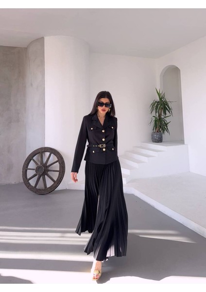 Kadın Kemerli Gold Düğmeli Premium Ceket Pileli Uzun Etek Takım Elbise fiyatları