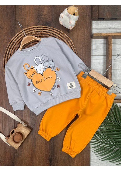 Pamuklu Mevsimlik Kedicik Detaylı 2li Kız Bebek Takım modelleri