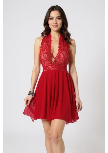 Kadın Kırmızı Çapraz Bağlı Kısa Tül Dantel Gecelik - Modern ve Şık Tasarım