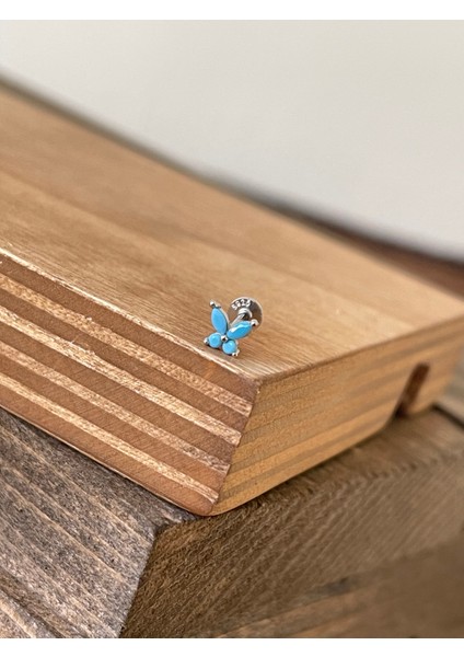 925 Ayar Gümüş Turkuaz Taşlı Kelebek Kıkırdak Helix Tragus Duak Piercingi Gümüş Piercing