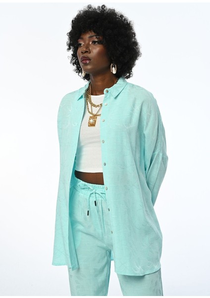 Kadın Oversıze Kesim Desenli Mint Renk Gömlek