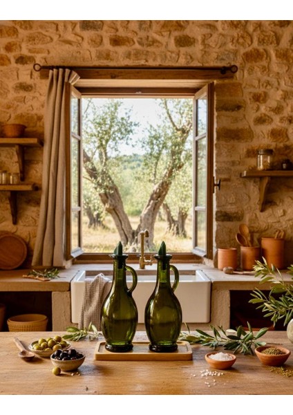 Ikili Ahşap Standlı Cam Zeytinyağlık & Sirkelik – Şık Tasarım (500ML x 2) Bambu Tarzı Yağlık - Yağdanlık
