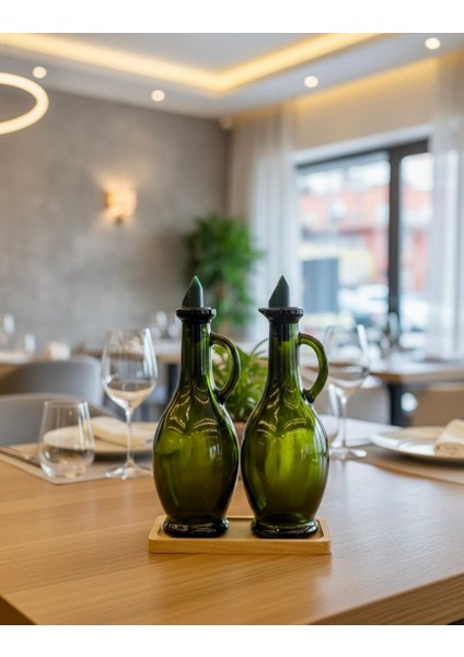 Ikili Ahşap Standlı Cam Zeytinyağlık & Sirkelik – Şık Tasarım (500ML x 2) Bambu Tarzı Yağlık - Yağdanlık modelleri
