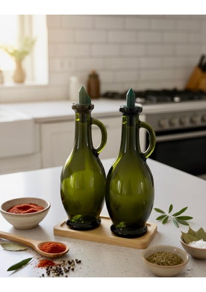 Ikili Ahşap Standlı Cam Zeytinyağlık & Sirkelik – Şık Tasarım (500ML x 2) Bambu Tarzı Yağlık - Yağdanlık fırsatları
