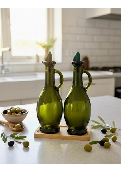 Ikili Ahşap Standlı Cam Zeytinyağlık & Sirkelik – Şık Tasarım (500ML x 2) Bambu Tarzı Yağlık - Yağdanlık indirimleri