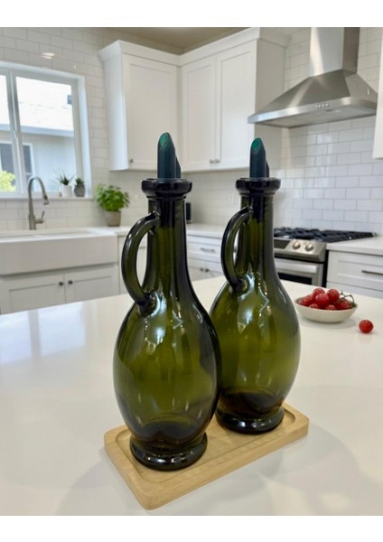 Ikili Ahşap Standlı Cam Zeytinyağlık & Sirkelik – Şık Tasarım (500ML x 2) Bambu Tarzı Yağlık - Yağdanlık
