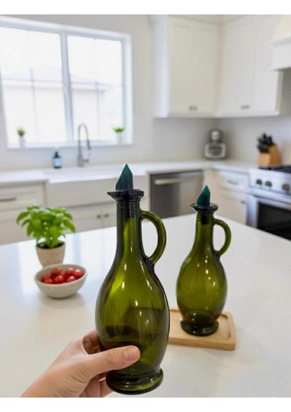 Ikili Ahşap Standlı Cam Zeytinyağlık & Sirkelik – Şık Tasarım (500ML x 2) Bambu Tarzı Yağlık - Yağdanlık