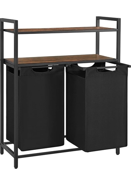 Çamaşır Sepeti, Çamaşır Kutusu, 2 Bölme, 2 Raf, Metal Çerçeve, 2 x 46 Litre, 73 x 33 x 91 Cm, Vintage Kahverengi-Siyah BLH211B01
