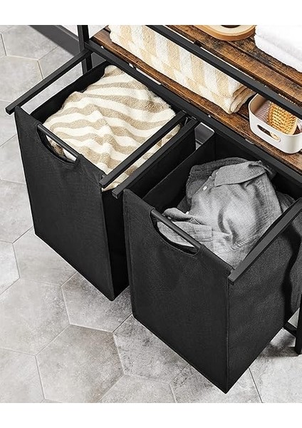 Çamaşır Sepeti, Çamaşır Kutusu, 2 Bölme, 2 Raf, Metal Çerçeve, 2 x 46 Litre, 73 x 33 x 91 Cm, Vintage Kahverengi-Siyah BLH211B01 indirimleri