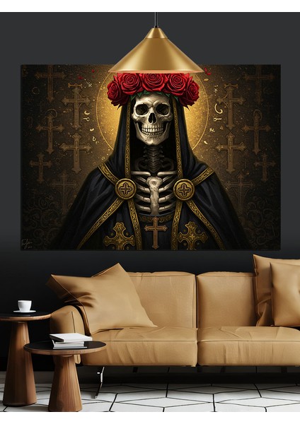 Çiçek Taçlı Iskelet Dekoratif Kanvas - Mdf Ahşap Tablo