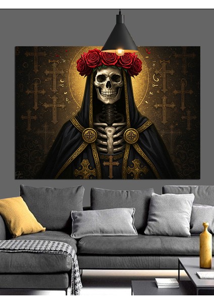 Çiçek Taçlı Iskelet Dekoratif Kanvas - Mdf Ahşap Tablo fiyatları