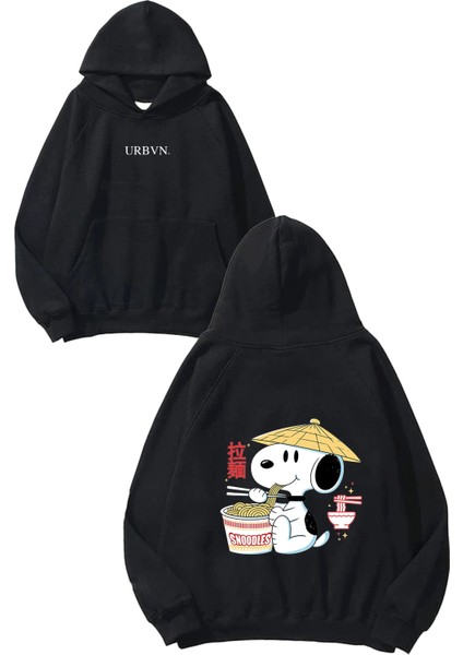 Snoodles Tasarım Baskılı Oversize Siyah Kapüşonlu Sweatshirt