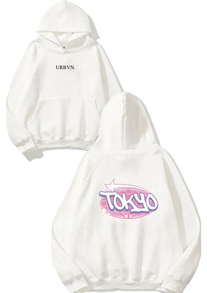 Tokyo Star Tasarım Baskılı Oversize Beyaz Kapüşonlu Sweatshirt