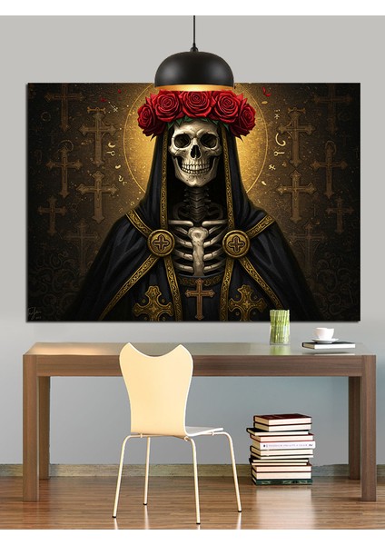 Çiçek Taçlı Iskelet Dekoratif Kanvas - Mdf Ahşap Tablo fırsatları