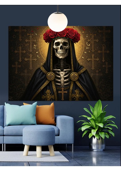 Çiçek Taçlı Iskelet Dekoratif Kanvas - Mdf Ahşap Tablo indirimleri