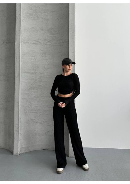 Kadın Beli Bağlama Detaylı Alt Üst Bürümcük Gofre Ikili Takım