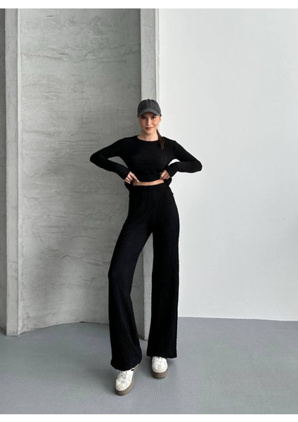 Kadın Beli Bağlama Detaylı Alt Üst Bürümcük Gofre Ikili Takım