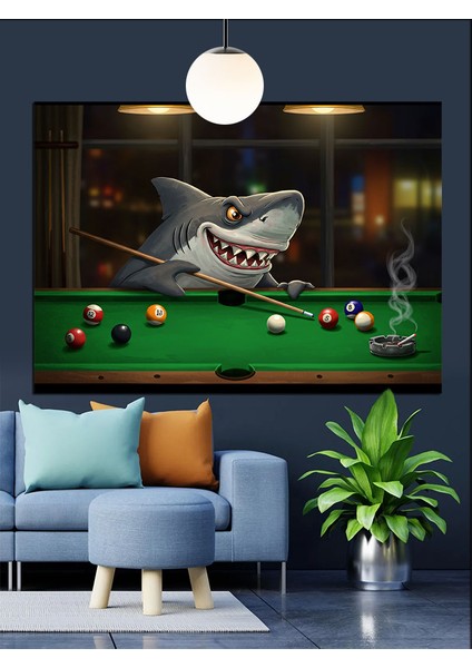 Bilardo Oynayan Köpek Balığı Dekoratif Kanvas - Mdf Ahşap Tablo