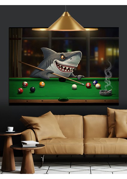 Bilardo Oynayan Köpek Balığı Dekoratif Kanvas - Mdf Ahşap Tablo fiyatları