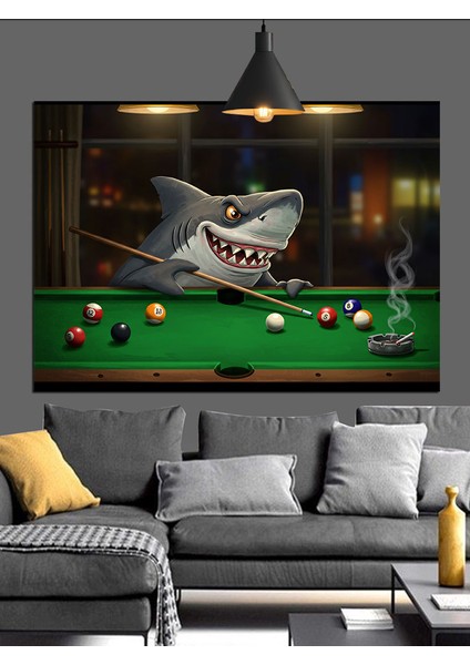 Bilardo Oynayan Köpek Balığı Dekoratif Kanvas - Mdf Ahşap Tablo modelleri