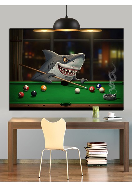 Bilardo Oynayan Köpek Balığı Dekoratif Kanvas - Mdf Ahşap Tablo indirimleri