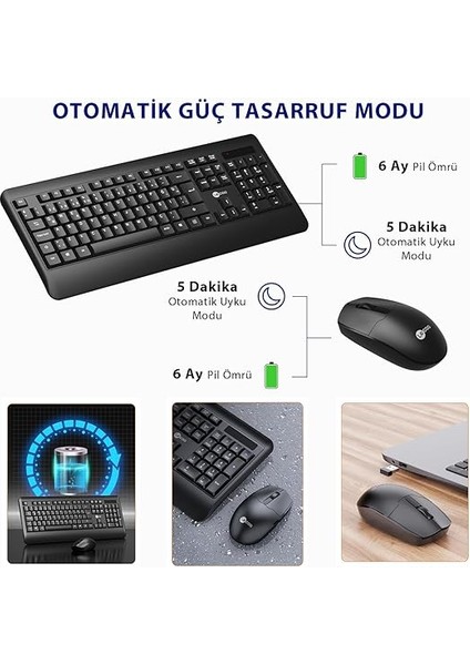 KW202 Kablosuz Türkçe Q Klavye & Mouse Set - Qwerty Türkçe Dizilim Klavye, 1200DPI Optik Fare, Win/mac Uyumlu, Sıvı Dökülmesine Dayanıklı, Bilek Dinlendirme Türkçe Q Klavye Mouse Seti Siyah fiyatları