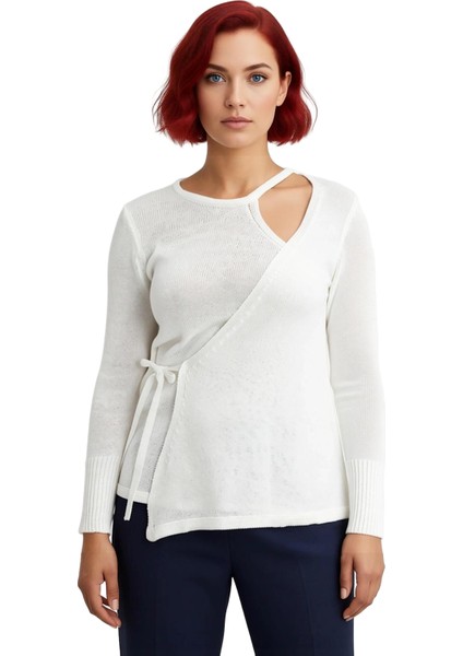 Kadın Triko Bluz Bağlamalı Detaylı Bisiklet Yaka Ince Kumaş Regular Fit Uzun Kol Kaliteli Şık