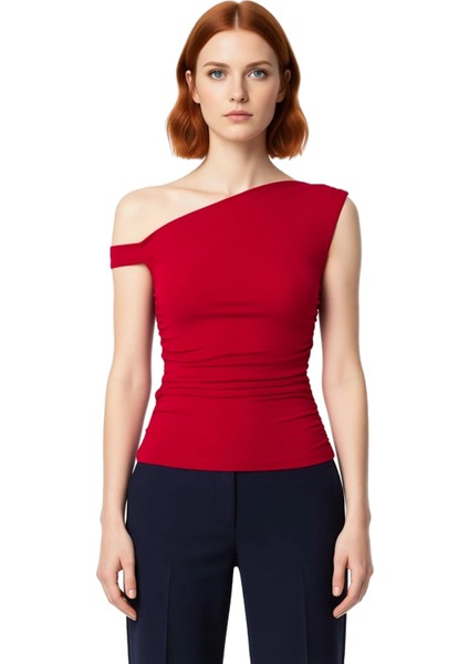 Kadın Yazlık Bluz Fitted Asimetrik Yaka Düşük Kol Dokuma Sandy Polyester Elastan Karışımı