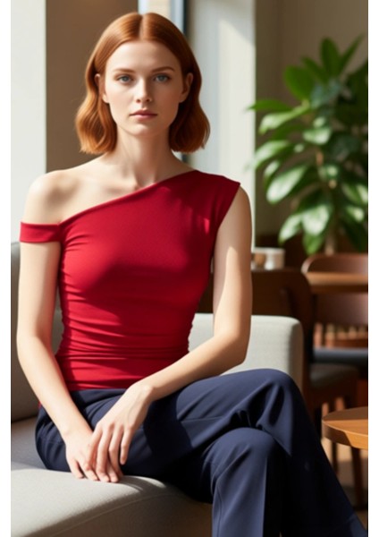 Kadın Yazlık Bluz Fitted Asimetrik Yaka Düşük Kol Dokuma Sandy Polyester Elastan Karışımı fırsatları