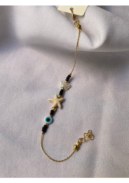 Gold Siyah Taşlı Beyaz Deniz Yıldızlı Bileklik indirimleri