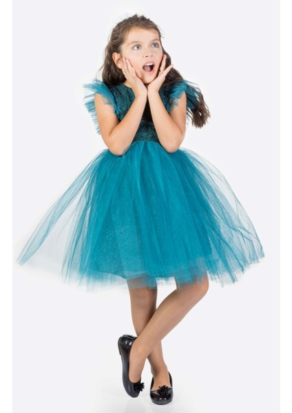 Roza Dantel Tütü Kız Çocuk Abiye Elbise MNK0546 - Mavi - 7 Yaş